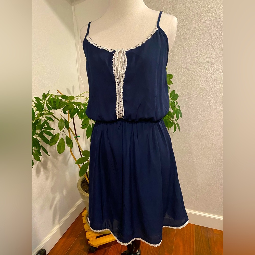 Navy Blue and White Lace Trim Dress Medium